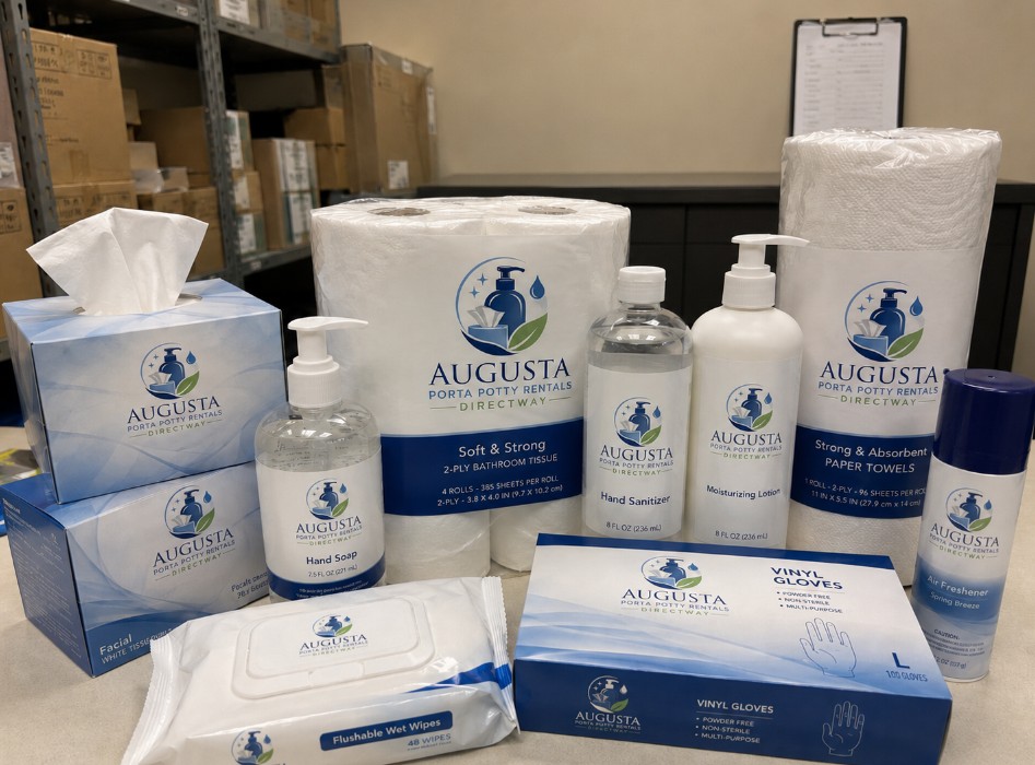 Augusta Porta Potty Rentals Directway branded toiletries — bathroom tissue, hand soap, sanitizer, lotion, paper towels and cleansing wipes